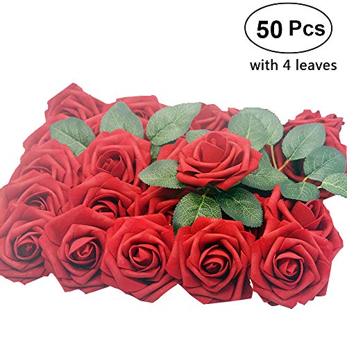 Product Cover Lmeison Dark Red Artificial Flower Rose, 50pcs Christmas Tree Decorative Real Looking Artificial Roses w/Stem for Bridal Wedding Bouquets Centerpieces Baby Shower DIY Party Home Décor, 4 Leaves