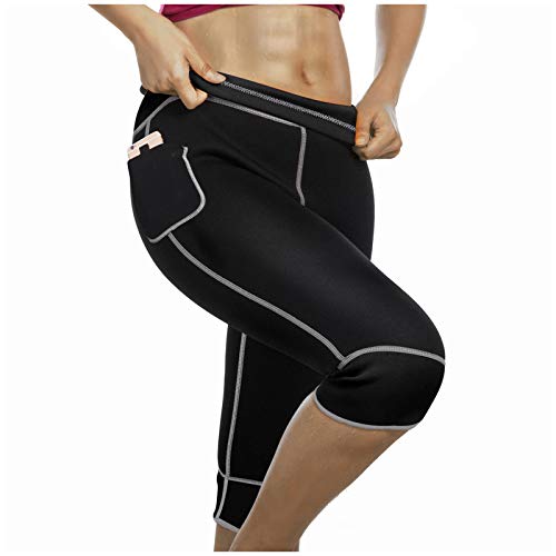 Product Cover Womens Weight Loss Hot Neoprene Sauna Sweat Pants with Side Pocket Workout Thighs Slimming Capris Leggings Body Shaper (Black, XL)