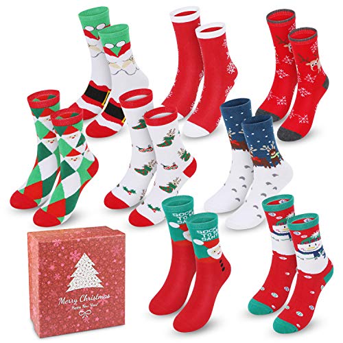 Product Cover 8 Pairs Christmas Holiday Socks Set, Slipper Socks Cotton Knit Crew Xmas Socks With Gift Box for Women Girls Novelty Christmas Gifts