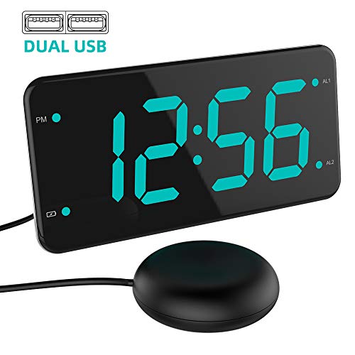 Product Cover Loud Alarm Clock with Bed Shaker, Vibrating Alarm Clock for Heavy Sleepers, Deaf and Hard of Hearing, Dual Alarm Clock, 2 Charger Ports, 7-Inch Display, Full Range Dimmer and Battery Backup - Green