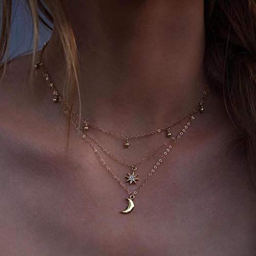 Product Cover Tgirls Boho Layering Choker Bell and Star Pendant with Moon Necklace for Women and Girls XL-107(Gold)