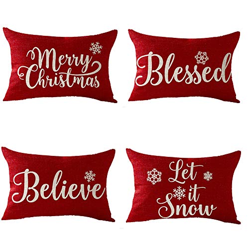 Product Cover FELENIW Set of 4, Happy Winter Snowflake Blessed Believe Let It Snow Merry Christmas Cotton Linen Decorative Throw Pillow Cover Cushion Case Lumbar 12x20 inches
