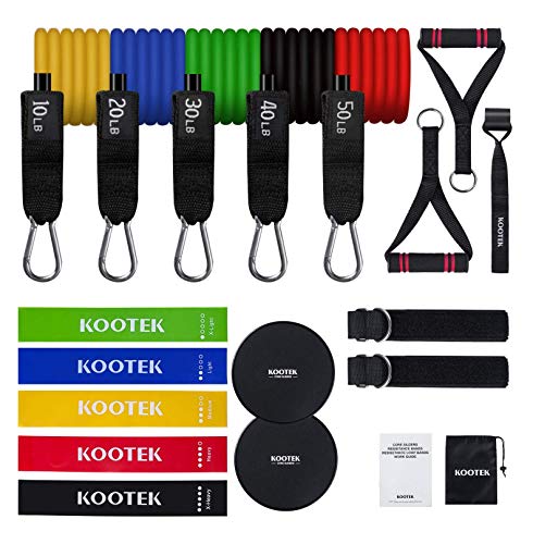 Product Cover Kootek 18 Pack Resistance Bands Set Workout Bands - 5 Stackable Exercise Bands 5 Loop Resistance Bands 2 Core Sliders with Door Anchor and Handles, Legs Ankle Straps, Carry Bag & Guide Book for Home