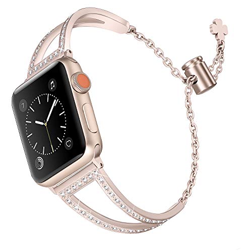 Product Cover Secbolt Bling Bands Compatible with Apple Watch Band 42mm 44mm iWatch Series 5/4/3/2/1, Women Dressy Metal Jewelry Bracelet Stainless Steel, Champagne Gold