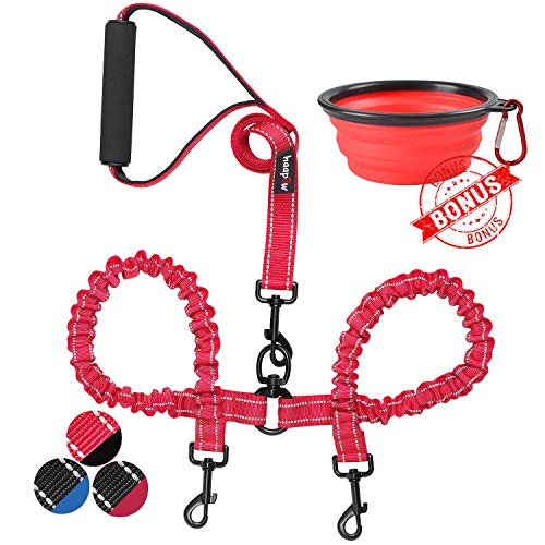Product Cover haapaw Two Dog Leash Coupler - 2 Dog Leash Tangle Free, Stretchable from 20 to 35 Inch - Comfortable Handle Dual Dog Leash for 2 Dogs with a Free Collapsible Dog Bowl (red/Black)