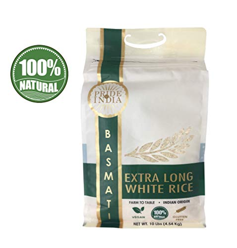 Product Cover Pride Of India - Extra Long Indian Premium White Basmati Rice, 10 Pound (4.54 Kilo) Reclosable Bag - Naturally Aromatic, Aged, Flavorful, Slender, Non Sticky Grains - Great Value for Money