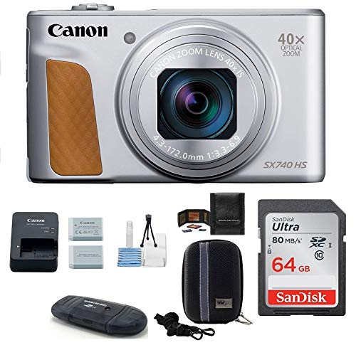Product Cover Canon PowerShot SX740 HS Digital Camera (Silver) PRO Bundle; Includes: 64GB SDXC Class 10 Memory Card + Spare Battery + Camera Case and More