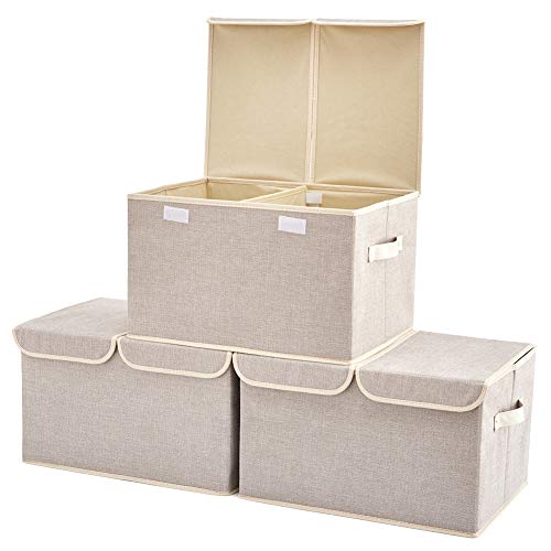 Product Cover Large Storage Boxes [3-Pack] EZOWare Large Linen Fabric Foldable Storage Cubes Bin Box Containers with Lid and Handles for Nursery, Closet, Kids Room, Toys, Baby Products (Silver Gray)