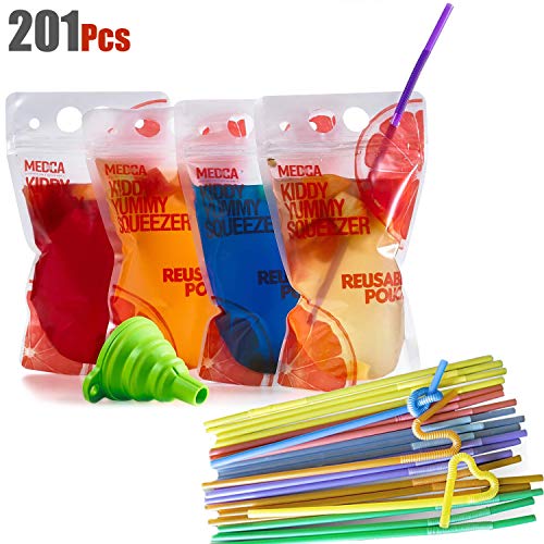 Product Cover Reusable Drink Pouches - (201 Piece Set) 100 Clear Drink Bags + 100 Straws - Double Zipper Reusable Smoothie Juice, Clear Zipper Pouch Storage Bags NO LEAKS and Environmentally Friendly & BPA Free