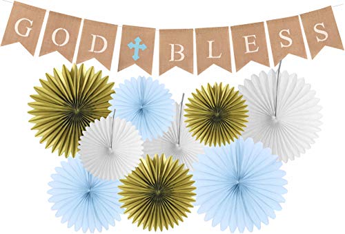 Product Cover God Bless Baptism Banner | First Communion Party Banner | Christening Decorations for Wedding | Baby Baptism Decorations for Boys | 9 Premium Glittering Matching Paper Fans