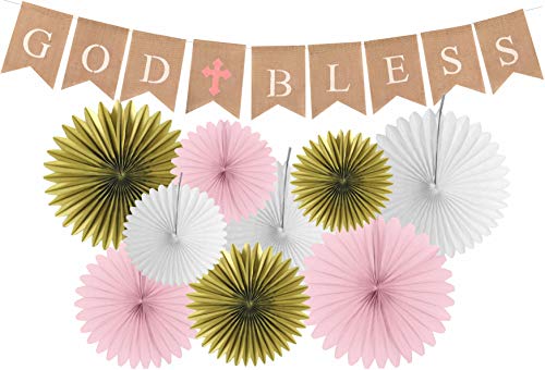 Product Cover God Bless Baptism Banner for Girl | First Communion Party Banner | Christening Decorations for Wedding | Baby Baptism Decorations for Girls | 9 Premium Glittering Matching Paper Fans