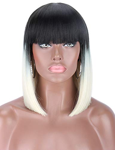 Product Cover Kalyss Short Ombre Platinum Blonde 2 Tones Black to Blonde Bob Wigs with Hair Bangs Heat Resistant Yaki Synthetic Straight Hair Wigs for Women