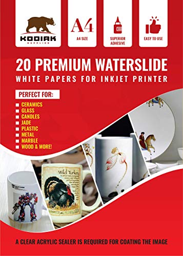 Product Cover Kodiak Supplies A4 Waterslide Decal Paper INKJET WHITE - 20 Sheets - DIY A4 water slide Transfer WHITE Printable Water Slide Decals A4 20 Sheets (B07HGQPG2C)