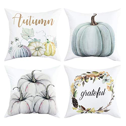 Product Cover Autumn Decorations Pumpkin Throw Pillow Cover Cushion Couch Cover Pillow Cases Set of 4 for Autumn Halloween Thanksgiving Day (Blue-gray,18 X 18 Inch)