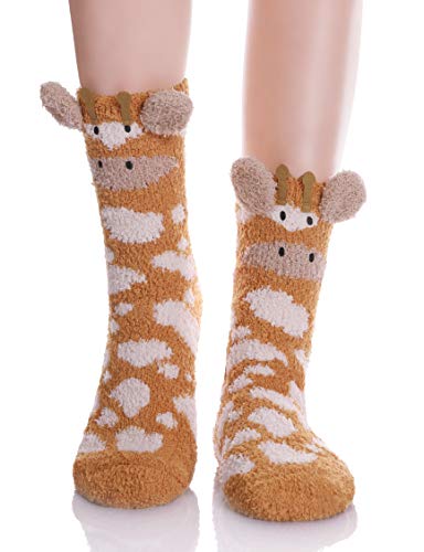 Product Cover YEBING Women Girls Super Soft Fuzzy 3D Cute Animal Cartoon Winter Warm Slipper Sock (Giraffe)