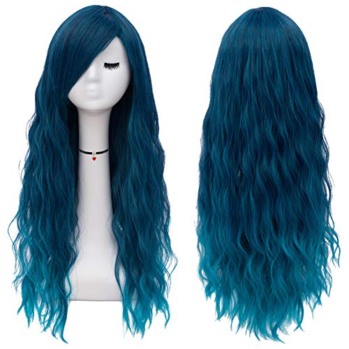 Product Cover Mildiso Long Blue Wigs for Women Fluffy Curly Wavy Cosplay Costume Wig with Bangs M062B