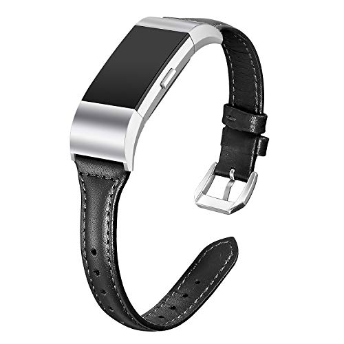 Product Cover bayite Bands Compatible Fitbit Charge 2, Slim Genuine Leather Band Replacement Accessories Strap Charge2 Women Men, Black Small