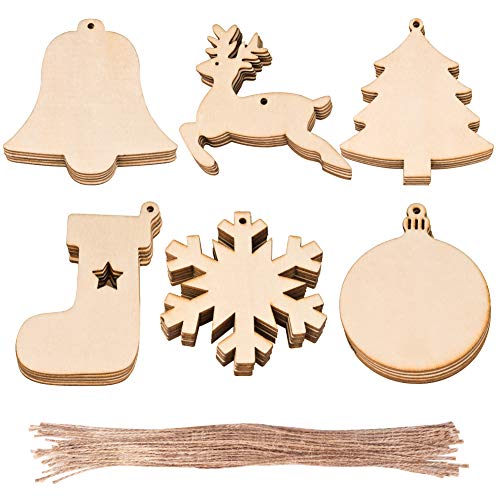 Product Cover WXJ13 30 PCS 6 Styles Wooden Christmas Hanging Ornaments, for DIY Wood Crafts Christmas Decoration, Christmas Tree Ornaments