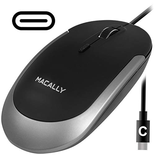 Product Cover Macally Silent USB Type C Mouse Wired for Apple Mac & Windows PC Laptop/Desktop Computer - Slim & Compact Mice Design & Optical Sensor & DPI Switch 800/1200/1600/2400 - Small for Easy Travel (Black)