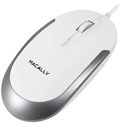 Product Cover Macally Silent USB Mouse Wired for Apple Mac or Windows PC Laptop/Desktop Computer - Slim & Compact Mice Design with Optical Sensor and DPI Switch 800/1200/1600/2400 - Small for Easy Travel (White)