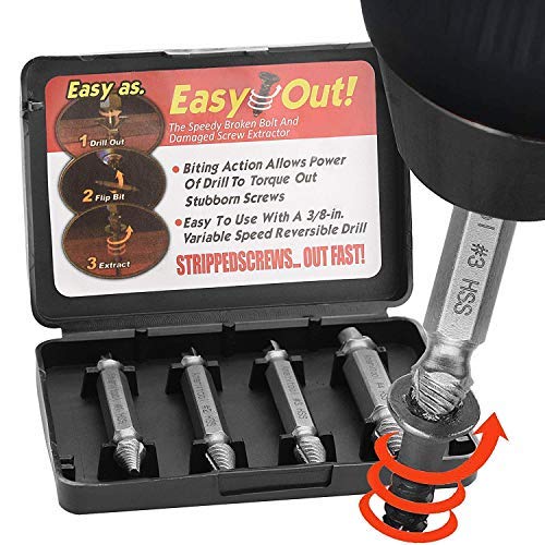 Product Cover Damaged Screw Extractor Set - Remover Set by Easy Out, Easily Remove Stripped or Damaged Screws. Made From H.S.S. 4341#, the Hardness Is 62-63hrc,Set of 4 Stripped Screw Remover