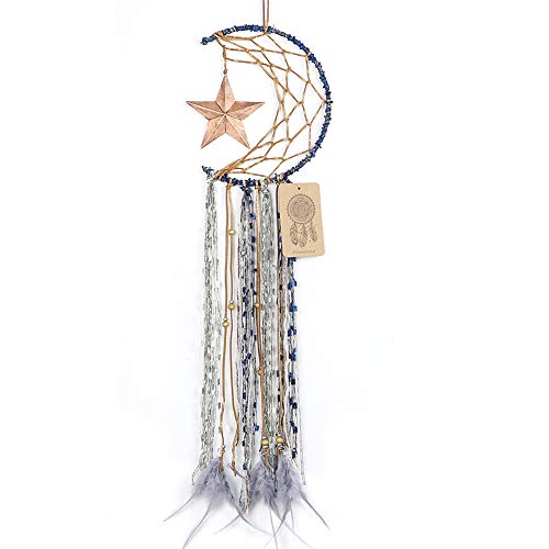 Product Cover Dremisland Blue Dream Catcher Handmade Half Circle Moon Design Dream Catcher Feather Hanging with Star Home Decoration Ornament Festival Gift (Moon& Star)