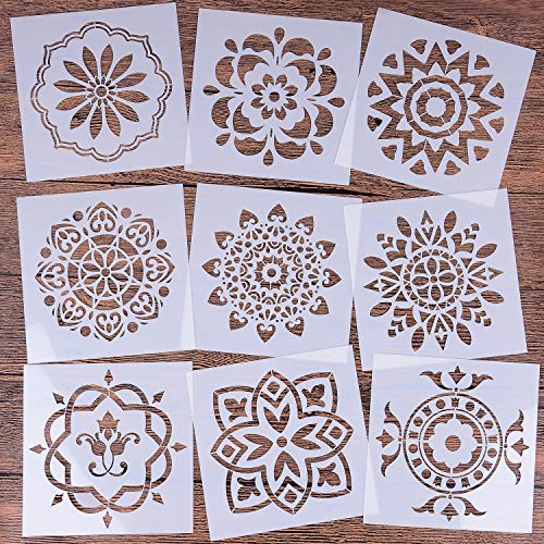 Product Cover LOCOLO Mandala Reusable Stencil Set of 9 (6x6 inch) Painting Stencil, Laser Cut Painting Template for DIY Decor, Painting on Wood, Airbrush, Rocks and Walls Art