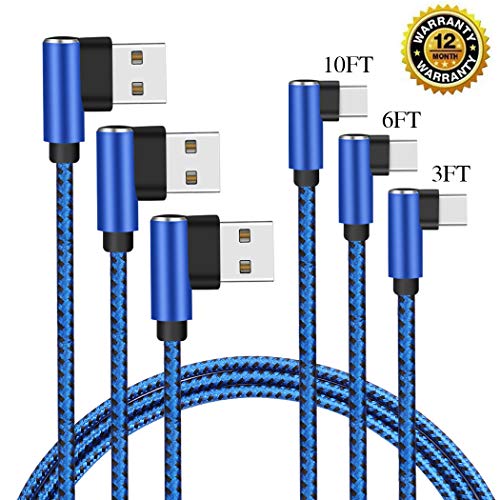 Product Cover CTREEY Compatible for USB Type C Cable Right Angle, 90 Degree [3 Pack 3ft 6ft 10ft] 2.0 Fast Charger Nylon Braided Cord for Samsung Galaxy S9 S8 Plus Note 9 8,Google Pixel XL,Moto Z Z2,LG V30 G6 G5