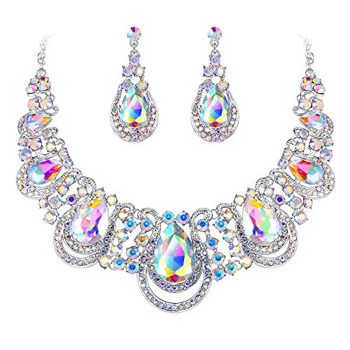 Product Cover BriLove Women's Costume Fashion Crystal Teardrop Hollow Scroll Statement Necklace Dangle Earrings Set