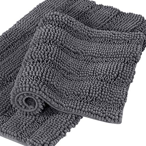 Product Cover Bath Mat Set 2 Piece Chenille Bathroom Rugs Shaggy Bath Mats for Bathroom Extra Absorbent Gray Bath Mat Non Slip Bath Rugs Set for Kitchen/Living Room Area Rugs, 20x32 Inch & 17x24 Inch, Gray