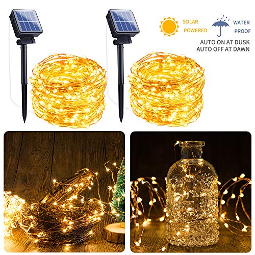 Product Cover Outdoor Solar String Lights, 2 Pack 33FT 100 LED Solar Fairy Lights Waterproof Decoration Copper Wire Lights with 8 Modes for Patio Yard Trees Christmas Wedding Party Decor (Warm White)