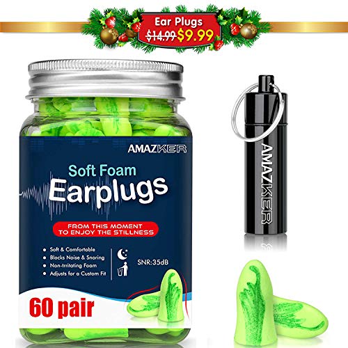 Product Cover Ear Plugs AMAZKER Bell-Shaped 60 Pairs Ultra Soft Earplugs SNR-35dB Perfect for Sleeping Snoring Working Study Travel with Aluminum Carry Case No Cords Noise Reduction (AM-1006)