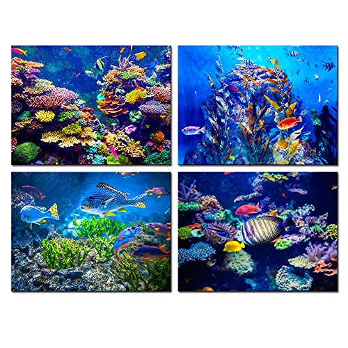 Product Cover Biuteawal - 4 Panel Canvas Wall Art Ocean Bottom View Painting Beautiful Coral Fish Underwater World Picture Prints on Canvas Framed Gallery Wrapped Ready to Hang