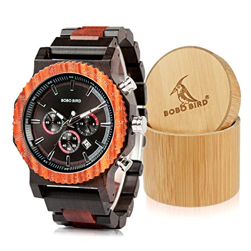 Product Cover BOBO BIRD Mens Luxury Wooden Wrist Watches Large Size Date & Chronograph Display Ebony Watch with Gift Bamboo Wood Box for Men