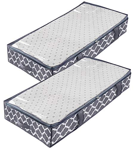 Product Cover Foldable Underbed Storage Bags - 2 Pack, Large Clothes Comforters Storage Organizer Container with Zippered Plastic Lids and 4 Reinforced Handle for Closet and Shelves (Grey with Lantern Pattern)