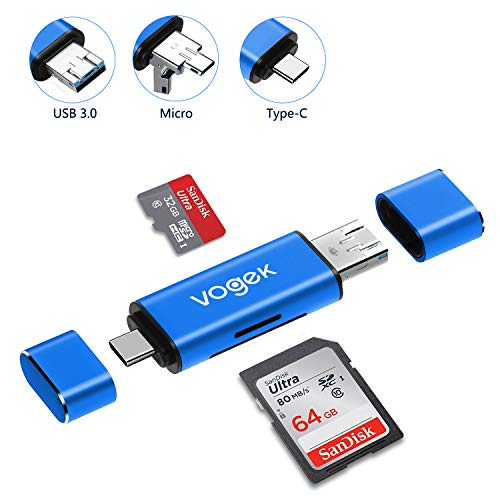 Product Cover VOGEK SD Card Reader, 3-in-1 USB 3.0 / USB C/Micro USB Card Reader - SD, Micro SD, SDXC, SDHC, Micro SDHC, Micro SDXC Memory Card Reader for MacBook PC Tablets Smartphones - Blue