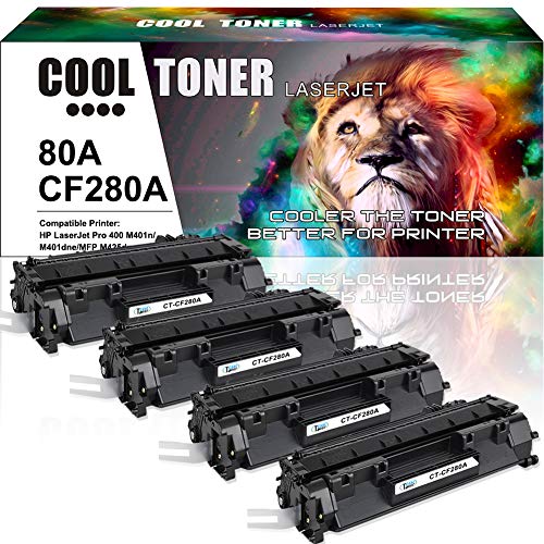 Product Cover Cool Toner Compatible Toner Cartridge Replacement for HP 80A CF280A 80X CF280X for HP Laserjet Pro 400 M401A M401D M401N M401DN M401DNE M401DW, Laserjet Pro 400 MFP M425DN Laser Ink Printer Black-4PK