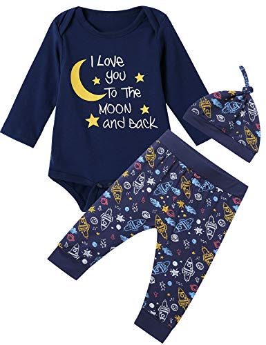 Product Cover Baby Boys 3PCS Outfit Set Space Ship to The Moon and Back Romper Long Pants with Hat (Blue03, 0-3 Months)