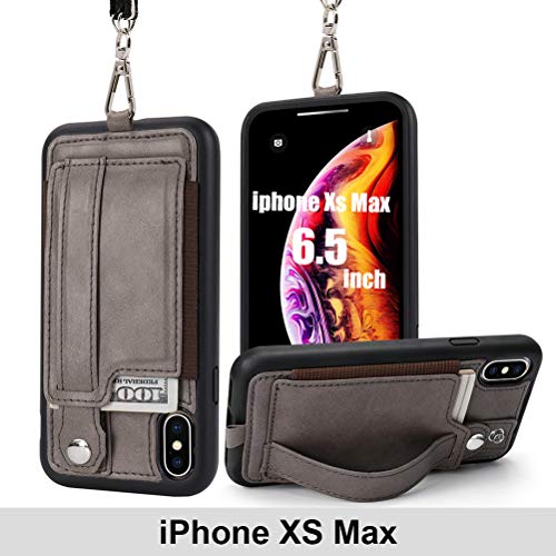 Product Cover TOOVREN iPhone Xs Max Case, iPhone Xs Max Wallet Case with Credit Card Holder, Xs Max PU Case with Kickstand, Adjust Detachable Necklace Strap Wrist Strap Perfect for Daily Use, Work, Travel Gray