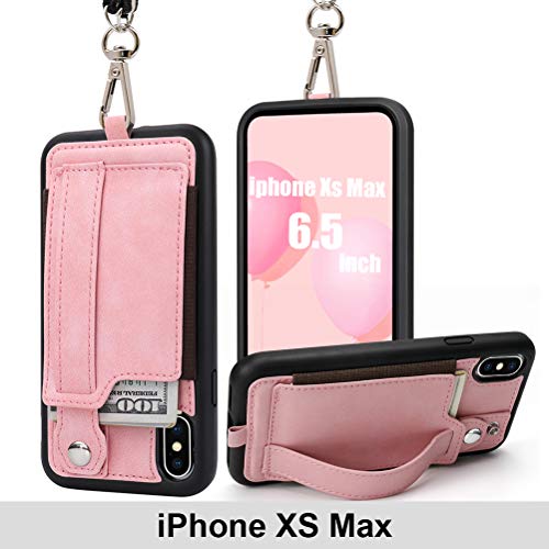 Product Cover TOOVREN iPhone Xs Max Case, iPhone Xs Max Wallet Case with Credit Card Holder, Xs Max PU Case with Kickstand, Adjust Detachable Necklace Strap Wrist Strap Perfect for Daily Use, Work, Travel Pink