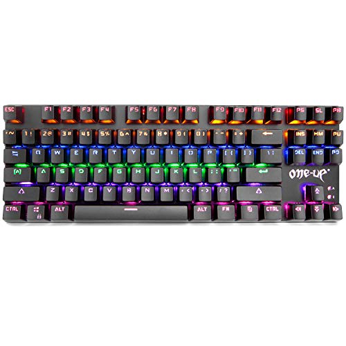 Product Cover ONE-UP G300 LED Rainbow Backlit Mechanical Gaming Keyboard Small Metal Mechanical Gamers Keyboard 87 Key Computer USB Gaming Keyboard with Blue Switches for PC Gaming (Black)