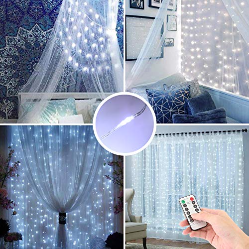 Product Cover MCvilla LED Window Curtain Light Remote Control 9.8ftx9.8ft Cord String 300LED Dimmable Timer 8 Modes USB Powered Waterproof Twinkle Fairy Starry Wedding Party Bedroom Wall Decor, No Plug Included