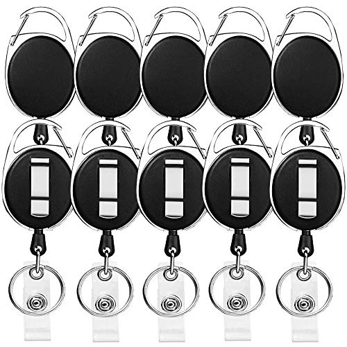 Product Cover Retractable Badge Holder with Carabiner Reel Clip and Key Ring for ID Card Key Keychain Holders Black 10 Pieces by Moever ¡­