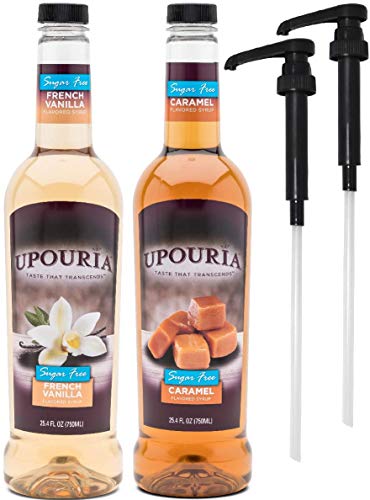 Product Cover Upouria Skinny Syrup Sugar Free Coffee Syrup Variety Pack - French Vanilla and Caramel Flavoring, 100% Gluten Free, Vegan, and Non Dairy 750 mL Bottle - 2 Coffee Syrup Pumps Included