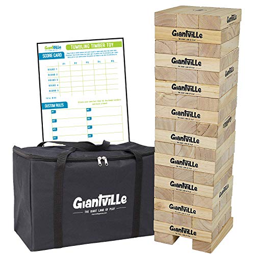 Product Cover Giantville Giant Tumbling Timber Toy - Jumbo Wooden Blocks Floor Game for Kids and Adults, 56 Pieces, Premium Pine Wood, Carry Bag, Life Size - Grows to Over 5-feet While Playing - by Giantville