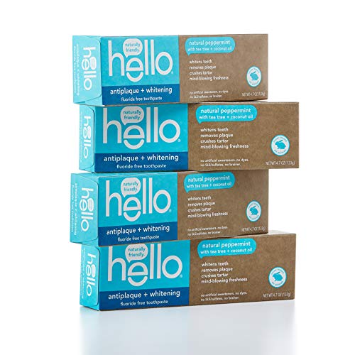 Product Cover Hello Oral Care Fluoride Free Antiplaque & Whitening Toothpaste, Vegan & SLS Free, Natural Peppermint with Tea Tree Oil & Coconut Oil, 4Count