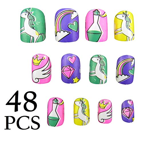 Product Cover JPACO 4 PACK Unicorn False Nails with Glue (48 Pieces Total) - Fake, Press On, Manicure Decal Wraps Nails for Little Girls, Christmas Gifts
