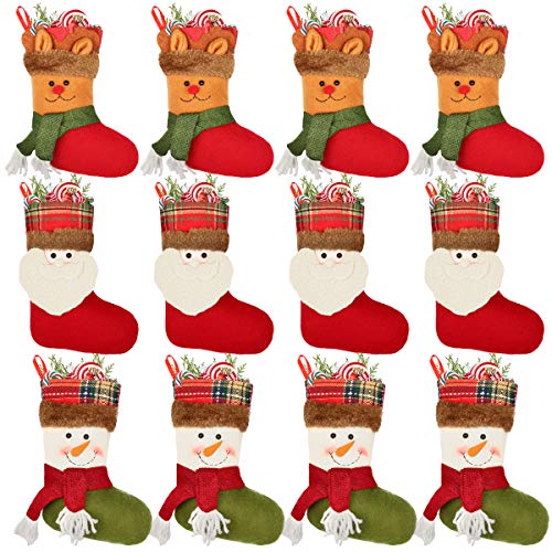 Product Cover Aiduy 12 Pack Mini Christmas Stockings Silverware Holder Pockets Gift Treat Card Bags with 3D Santa Snowman Reindeer Mantle Xmas Stocking for Christmas Decorations and Party Favors, 7 Inch