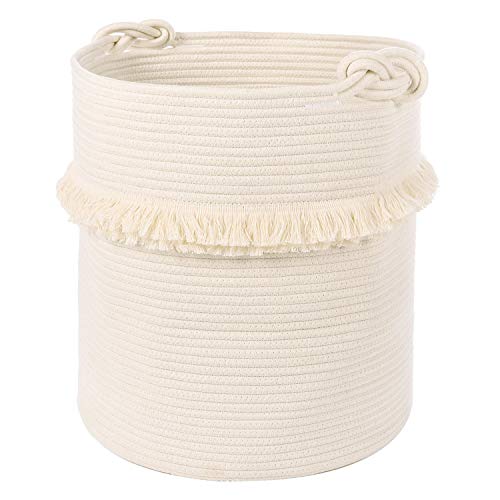 Product Cover Extra Large Woven Storage Baskets - 17'' x 16'' Cotton Rope Decorative Hamper for Magazine, Toys, Blankets, and Laundry, Cute Tassel Nursery Decor - Home Storage Container