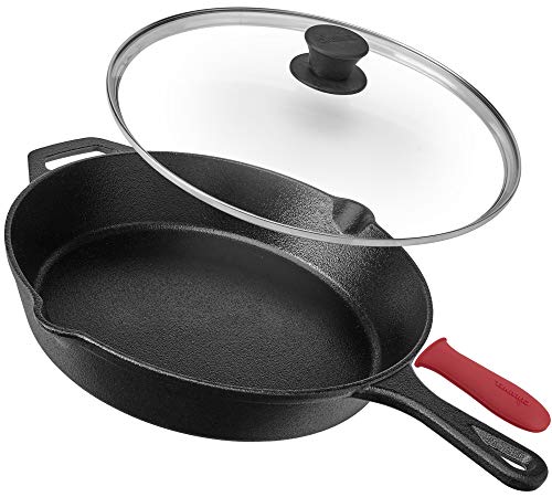 Product Cover Pre-Seasoned Cast Iron Skillet (12-Inch) with Glass Lid and Handle Cover Oven Safe Cookware - Heat-Resistant Holder - Indoor and Outdoor Use - Grill, Stovetop, Induction Safe